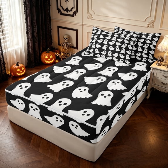 Feelyou Cute Ghost Silhouette Zipper Full Size Comforter Sets with Fitted Sheet and 2 Pillowcases, Kawaii Halloween Theme Zipper Bedding Set, Black Reversible, 4-Piece