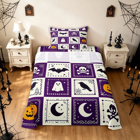 Feelyou Cute Ghost Skull Twin Sheets, Halloween Crow Pumpkin Bedding, Purple Cream, 3pcs, 1 Flat Sheet, 1 Fitted Sheet and 1 Pillowcase