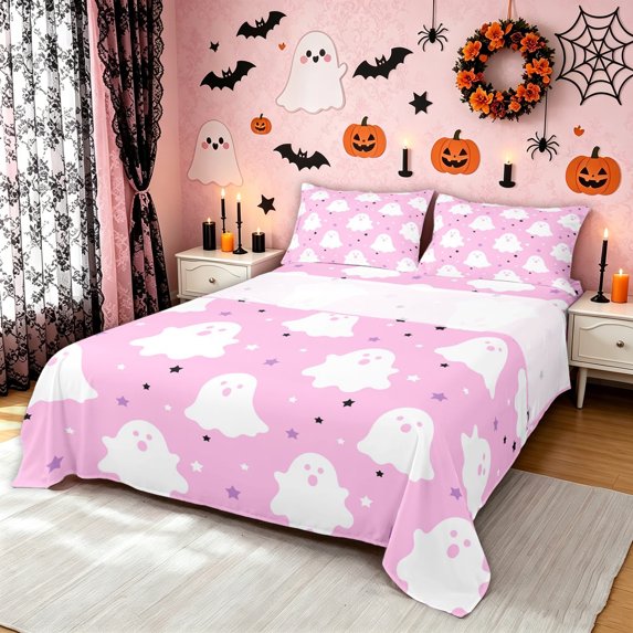 Feelyou Cute Ghost Star King Sheets, Happy Halloween Print Bedding, Pink, 4 Pieces, 1 Flat Sheet, 1 Fitted Sheet and 2 Pillowcases