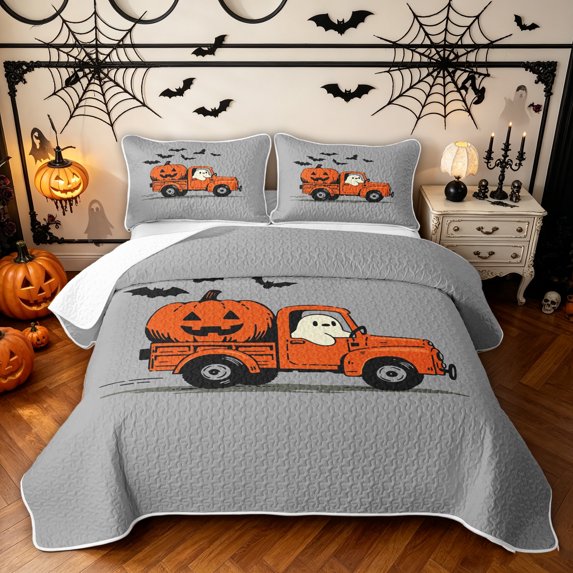 Feelyou Cute Ghost Truck Quilt Full, Spooky Pumpkin Bat Full Bedspread Sets, Gray, 3 Pieces, 1 Comforter and 2 Pillowcases