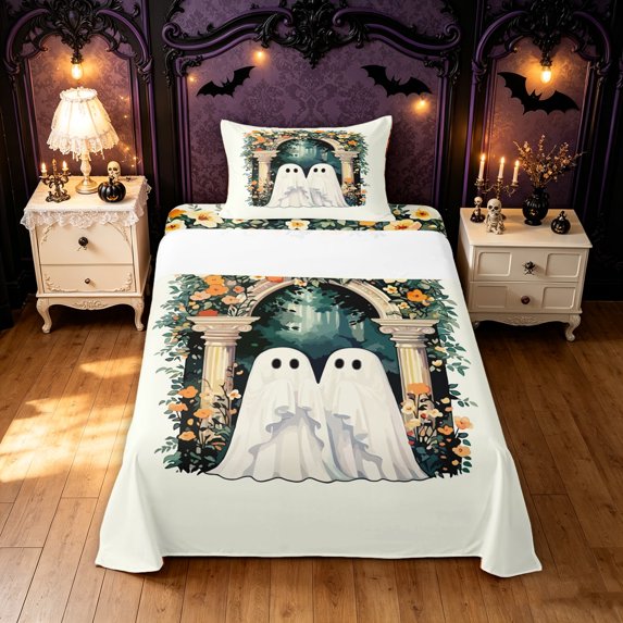 Feelyou Cute Ghost Twin Sheets, Boho Western Garden Floral Bedding, Green Yellow, 3pcs, 1 Flat Sheet, 1 Fitted Sheet and 1 Pillowcase