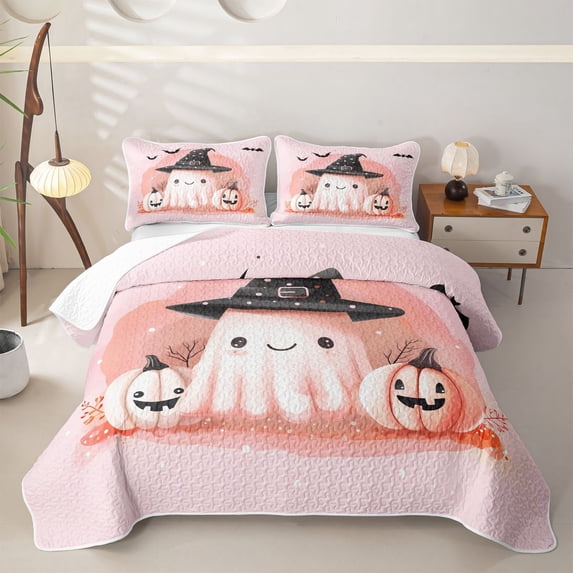 Feelyou Cute Ghost Witch Hat Quilt Full, Kawaii Halloween Pumpkin Full Bedspread Sets, 3-Piece, 1 Comforter and 2 Pillowcases