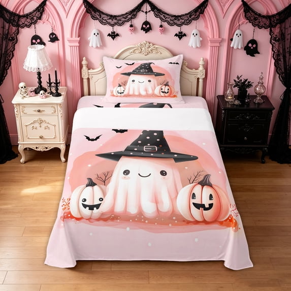 Feelyou Cute Ghost Witch Hat Twin Sheets, Kawaii Halloween Pumpkin Bedding, 3-Piece, 1 Flat Sheet, 1 Fitted Sheet and 1 Pillowcase