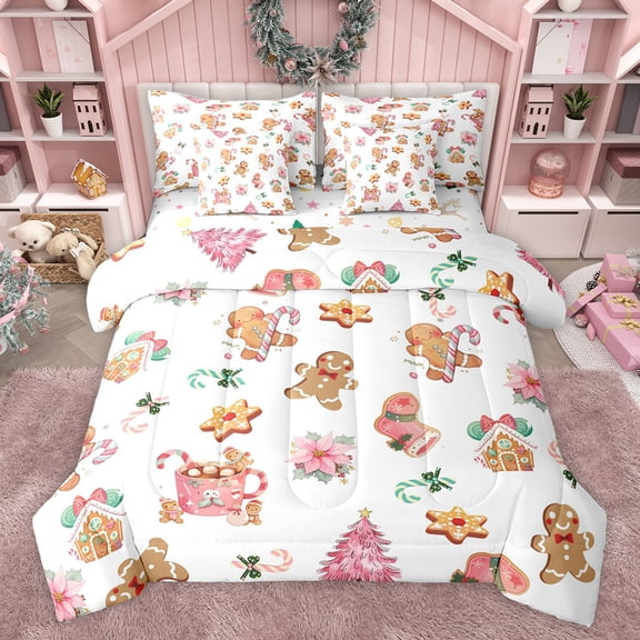 Feelyou Cute Gingerbread Man Bedding Comforter Set 7pcs, Cartoon Xmas Tree King Bedding Sets, Pink Christmas Flower Reversible Bed Sheets, Super Cozy Room Decor