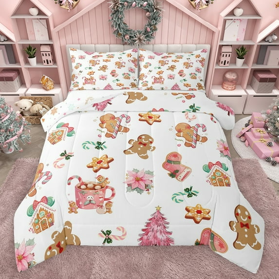 Feelyou Cute Gingerbread Man Queen Comforter Set, Cartoon Xmas Tree Bedding Sets, Pink Christmas Flower Reversible Bedding Comforter Set, Super Cozy Room Decor, 3 Pieces