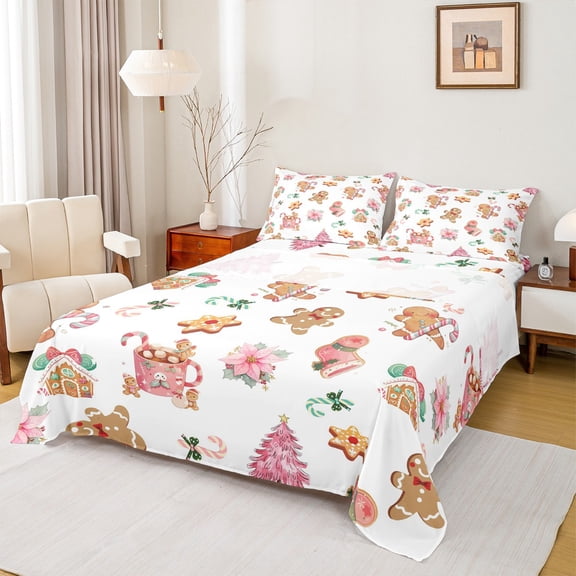 Feelyou Cute Gingerbread Man Queen Sheet Sets, Cartoon Xmas Tree Flat Sheet, Pink Christmas Flower Queen Fitted Sheet, Super Cozy Room Decor, 4 Pieces