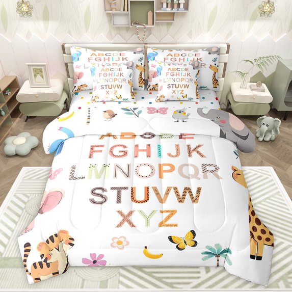 Feelyou Cute Giraffe Kid Bedding Comforter Set 7pcs, Cartoon Monogrammed King Bedding Sets