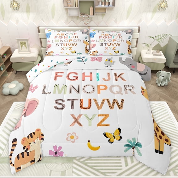 Feelyou Cute Giraffe Kid Twin Comforter Sets, Cartoon Monogrammed Bedding Set, 2pcs