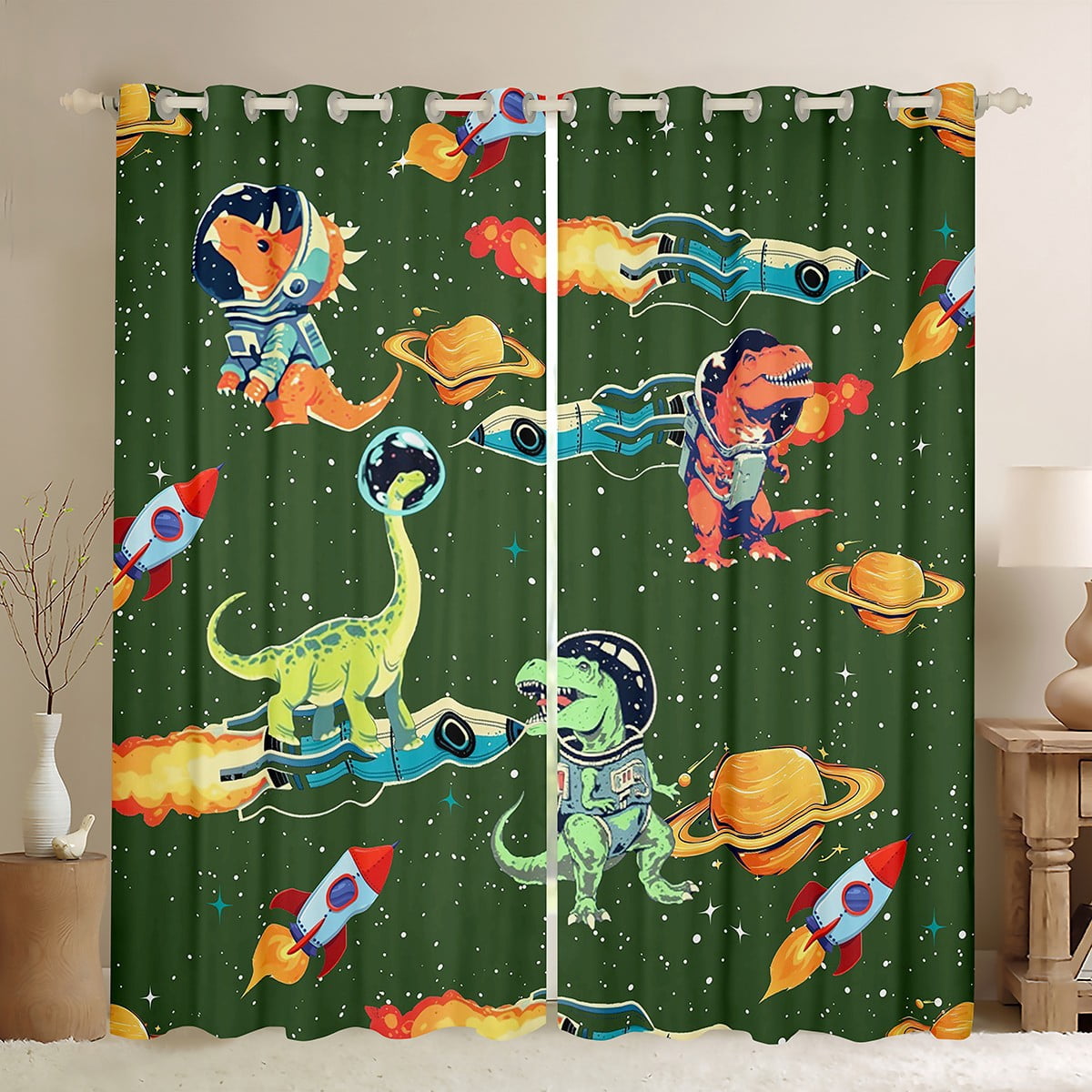 Feelyou Cute Green Dinosaur Curtains Pack of 2 (42x84 Each) for Child, Outer Space Curtains Blackout, Kawaii Animal Astronaut Bedroom Curtains, Living Room Curtains Decor