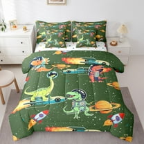 Feelyou Cute Green Dinosaur Twin Bedding Sets 7-Piece for Child, Outer Space Bedding Comforter Set, Kawaii Animal Astronaut Reversible Sheet Sets, Ultra Soft Bedroom Decor