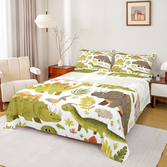 Feelyou Cute Green Dinosaur Twin Sheet Sets, Jungle Leaves Botanical Twin Fitted Sheet, Kawaii Cartoon Animal Flat Sheet, Ultra Soft Bedroom Decor, 3-Piece