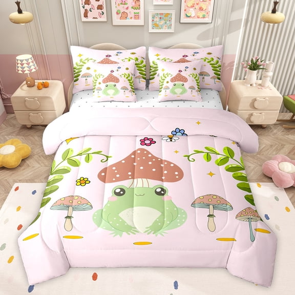 Feelyou Cute Green Frog Bedding Comforter Set 7 Pieces for Child, Jungle Mushroom Full Bedding Set, Kawai Pink Cartoon Fitted Sheet Flat Sheet, Microfiber Bedroom Decor