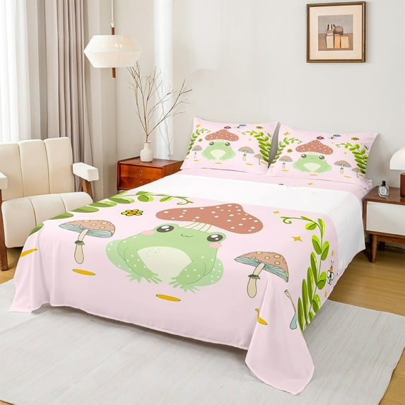 Feelyou Cute Green Frog Full Size Sheets for Child, Jungle Mushroom Bed Sheets, Kawai Pink Cartoon Sheet Sets, Microfiber Bedroom Decor, 4pcs