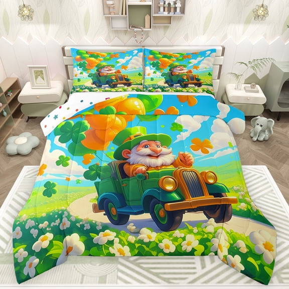 Feelyou Cute Green Gnome Queen Comforter Set, Lucky Shamrock Leaf Bedding Sets, Happy St. Patrick's Day Reversible Bedding Comforter Set, Breathable Home Decor, 3-Piece
