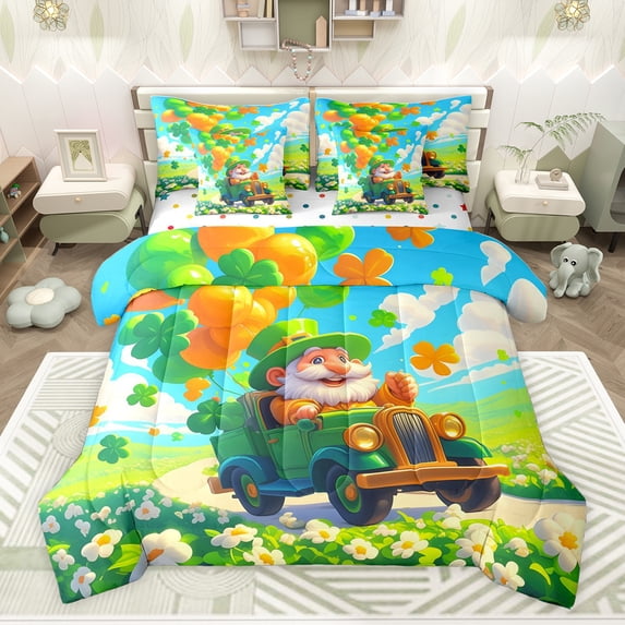 Feelyou Cute Green Gnome Twin Bedding Sets 7-Piece, Lucky Shamrock Leaf Bedding Comforter Set, Happy St. Patrick's Day Reversible Sheet Sets, Breathable Home Decor