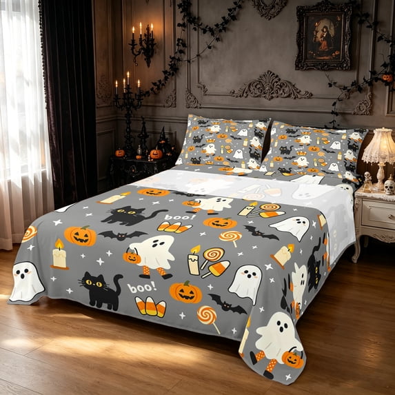 Feelyou Cute Halloween Ghost Bed Sheets, Cartoon Cat Bat Full Size Sheets, Gray Orange, 4-Piece, 1 Flat Sheet, 1 Fitted Sheet and 2 Pillowcases