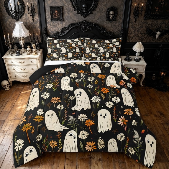 Feelyou Cute Halloween Ghost Queen Comforter Set, Boho Flower Daisy Comforter Sets Queen, Black Reversible, 3pcs, 1 Comforter and 2 Pillowcases