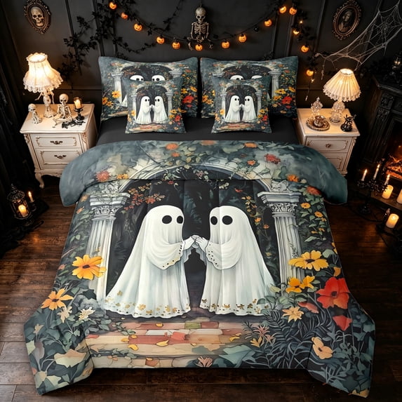 Feelyou Cute Halloween Ghosts Twin Bedding, Boho Floral Garden Bedding Comforter Set, White Yellow, Black Reversible, 7-Piece