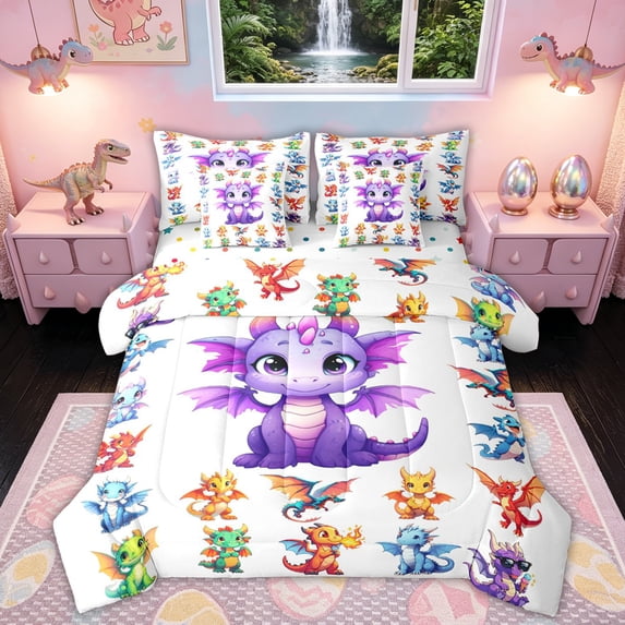 Feelyou Cute Kawaii Flying Dragon Twin Bedding Sets for Kids Boys Girls, Cartoon Wildlife Bedding Comforter Set, White Purple, Polkadot Reversible, 7 Pieces