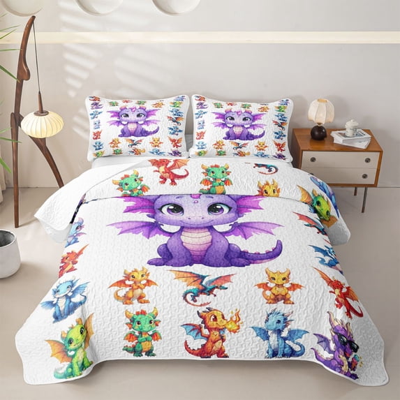 Feelyou Cute Kawaii Flying Dragon Twin Quilt Set for Boys Girls, Cartoon Wildlife Twin Coverlet Set, White Purple, 2 Pieces
