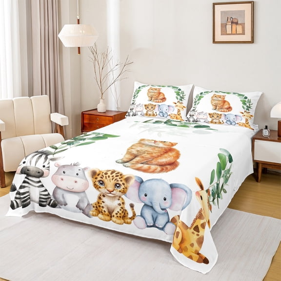 Feelyou Cute Kitten Cat Full Size Sheets for Kids, Cartoon Zoo Animal Bed Sheets, Kawaii Giraffe Zebra Sheet Sets, Luxury Bedroom Decor, 4 Pieces