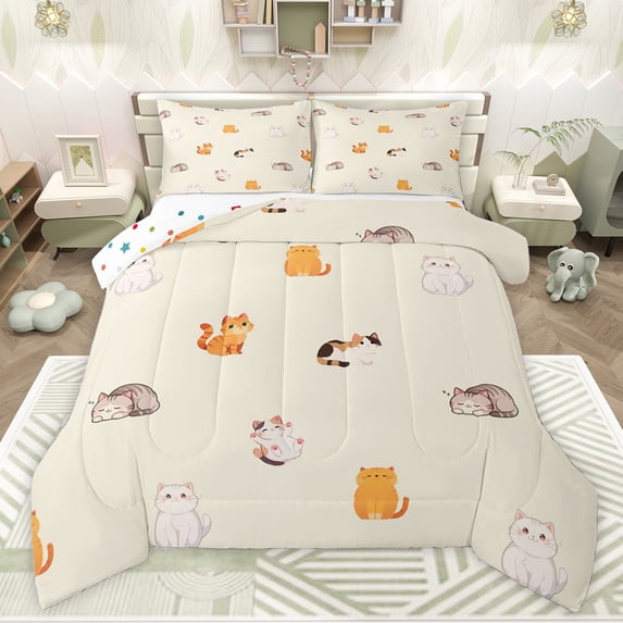Feelyou Cute Kitten Lover Queen Comforter Set, Cat Animal Bedding Comforter Set, 3pcs