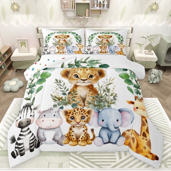 Feelyou Cute Leopard Cheetah Bedding Comforter Set for Child, Kawaii Hippo Elephant Twin Comforter Sets, Jungle Animal Party Reversible Bedding Set, Luxury Bedroom Decor, 2 Pieces