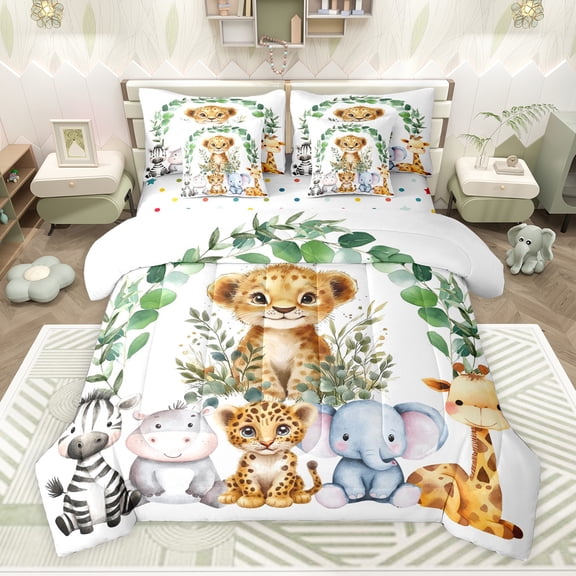 Feelyou Cute Leopard Cheetah Twin Bedding Sets 7-Piece for Child, Kawaii Hippo Elephant Bedding Comforter Set, Jungle Animal Party Reversible Sheet Sets, Luxury Bedroom Decor