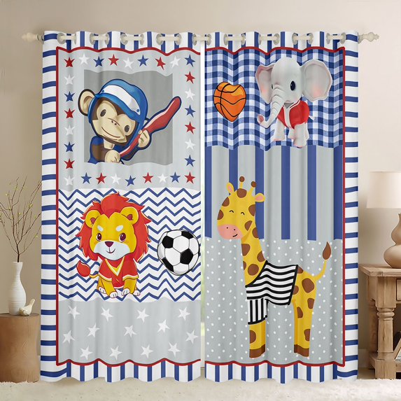 Feelyou Cute Lion Giraffe Black Out Curtains, Jungle Wildlife Sport Meeting Curtains Pack of 2 (42x63 Each), Cartoon Animal Theme Bedroom Curtains, Living Room Curtains Decor