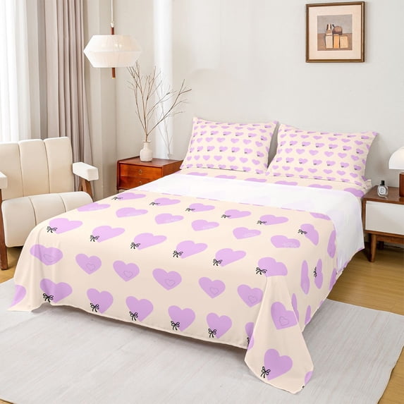 Feelyou Cute Love Heart Bed Sheets for Kids, Fashion Bow-tie King Sheets, Cartoon Princess StyleSheet Set, Ultra Soft Bedroom Decor, 4 Pieces