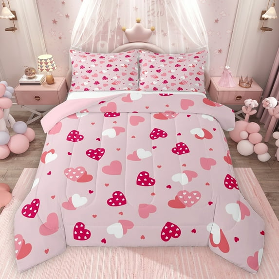 Feelyou Cute Love Heart Bedding Comforter Set for Kids, Happy Valentines Day Twin Comforter Sets, Cartoon Pink Princess Reversible Bedding Set, Luxury Bedroom Decor, 2 Pieces