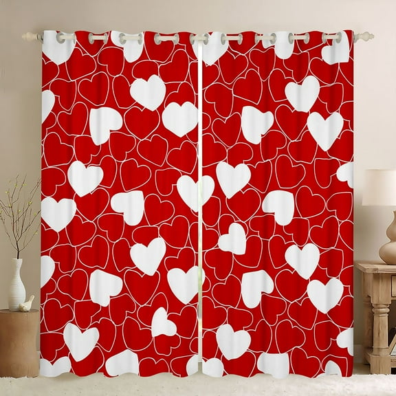 Feelyou Cute Love Heart Black Out Curtains for Teen, Romantic Cartoon Curtains Pack of 2 (42x63 Each), Red White Graffiti Lines Bedroom Curtains, Window Curtains Home Decor