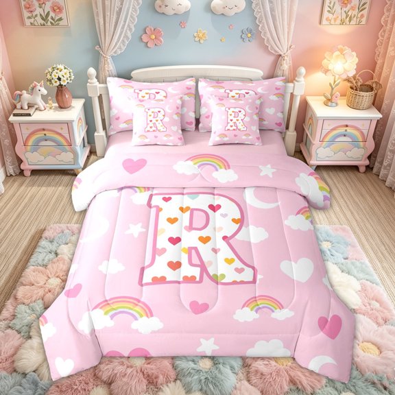 Feelyou Cute Love Heart Letter R Bedding Comforter Set for Girls, Cartoon Rainbow Cloud Queen Bedding Sets, Pink, Pink Reversible, 7 Pieces