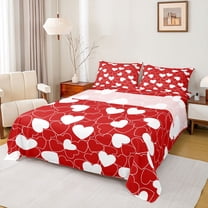 Feelyou Cute Love Heart Twin Sheet Sets for Teen, Romantic Cartoon Twin Fitted Sheet, Red White Graffiti Lines Flat Sheet, Breathable Home Decor, 3 Pieces