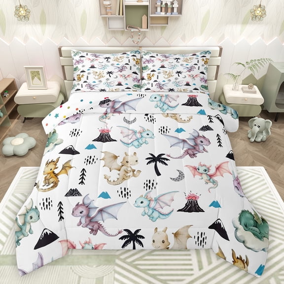 Feelyou Cute Magic Dino Bedding Comforter Set for Teen, Coconut Tree Plant Twin Comforter Sets, Cartoon Cute Dinosaur Reversible Bedding Set, Microfiber Bedroom Decor, 2 Pieces