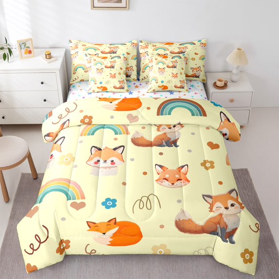 Feelyou Cute Magic Fox Bedding Comforter Set 7pcs for Girl, Rainbow Love Heart Queen Bedding Sets, Girly Yellow Cartoon Animal Reversible Queen Sheet Sets, Lightweight Room Decor