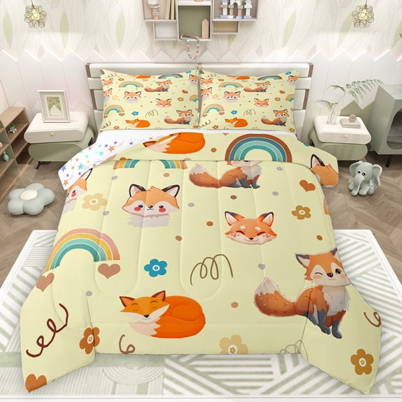 Feelyou Cute Magic Fox Queen Comforter Set for Girl, Rainbow Love Heart Bedding Sets, Girly Yellow Cartoon Animal Reversible Bedding Comforter Set, Lightweight Room Decor, 3-Piece