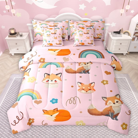 Feelyou Cute Magic Fox Twin Bedding Sets 7-Piece for Girl, Rainbow Love Heart Bedding Comforter Set, Girly Pink Cartoon Animal Reversible Sheet Sets, Breathable Home Decor