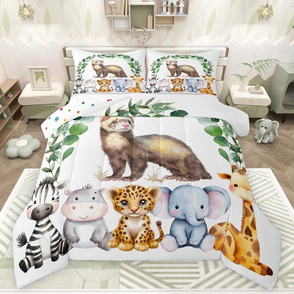 Feelyou Cute Meerkat Lover Bedding Comforter Set for Child, Kawaii Hippo Elephant Twin Comforter Sets, Jungle Animal Party Reversible Bedding Set, Breathable Home Decor, 2pcs