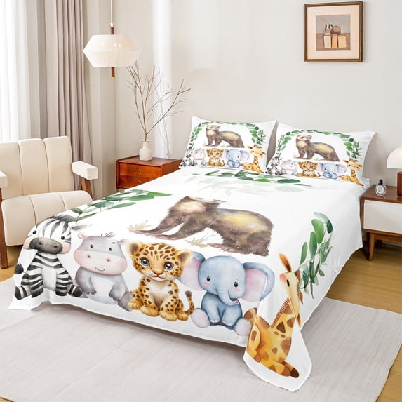 Feelyou Cute Meerkat Lover Queen Sheet Sets for Child, Kawaii Hippo Elephant Flat Sheet, Jungle Animal Party Queen Fitted Sheet, Breathable Home Decor, 4pcs
