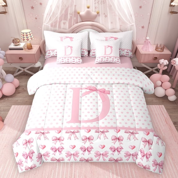 Feelyou Cute Monogrammed D Twin Bedding Sets 7pcs, Cartoon Bow-tie Bedding Comforter Set
