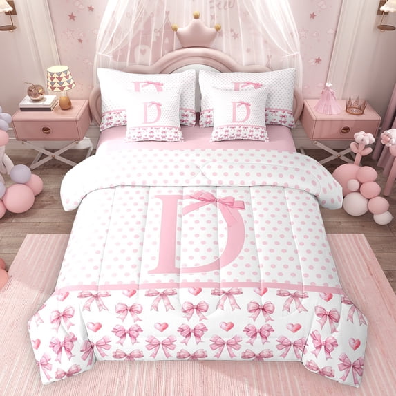 Feelyou Cute Monogrammed D Twin Bedding Sets 7pcs, Cartoon Bow-tie Bedding Comforter Set