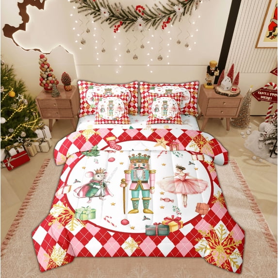 Feelyou Cute Nutcracker Bedding Comforter Set 7pcs, Happy Christmas Queen Bedding Sets, Winter Gold Sonwflake Reversible Queen Sheet Sets, Ultra Soft Home Decor