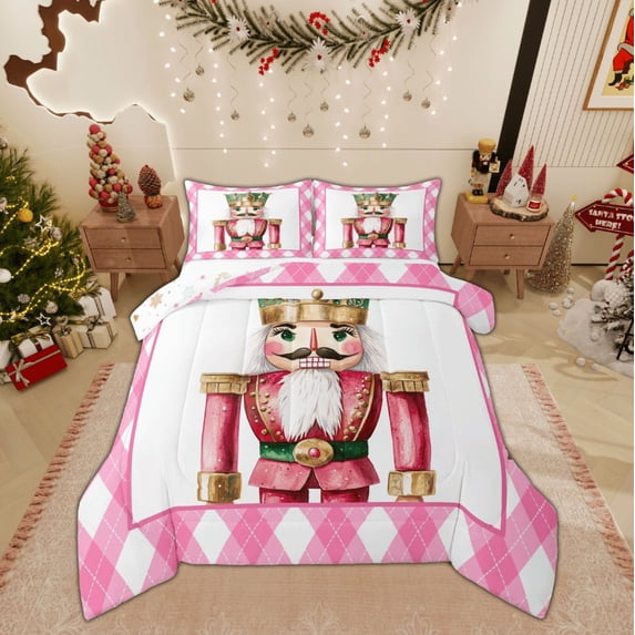 Feelyou Cute Nutcracker Queen Comforter Set, Happy Christmas Bedding Sets, Pink Buffalo Geometric Reversible Bedding Comforter Set, Ultra Soft Home Decor,3 Pieces