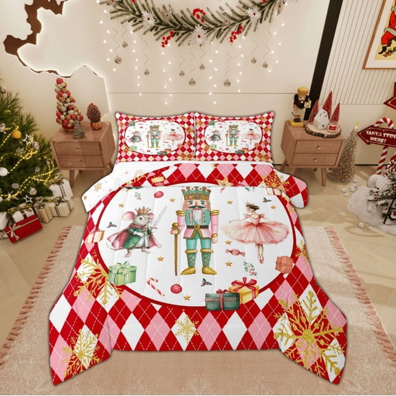 Feelyou Cute Nutcracker Queen Comforter Set, Happy Christmas Bedding Sets, Winter Gold Sonwflake Reversible Bedding Comforter Set, Ultra Soft Home Decor,3 Pieces