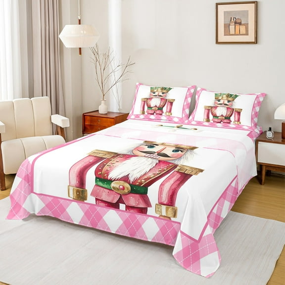 Feelyou Cute Nutcracker Twin Sheet Sets, Happy Christmas Twin Fitted Sheet, Pink Buffalo Geometric Flat Sheet, Ultra Soft Home Decor,3 Pieces