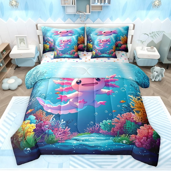 Feelyou Cute Ocean Axolotl Bedding Comforter Set 7pcs for Child, Cartoon Dreamy Animal Queen Bedding Sets, Fairy Tale Animal Reversible Queen Sheet Sets, Breathable Home Decor
