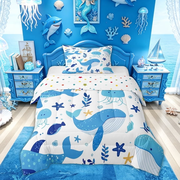 Feelyou Cute Ocean Jellyfish Star Whale Twin Comforter Sets for Boys Girls, Kawaii Marine Wildlife Bedding Set, Blue White, Polkadot Reversible, 2-Piece