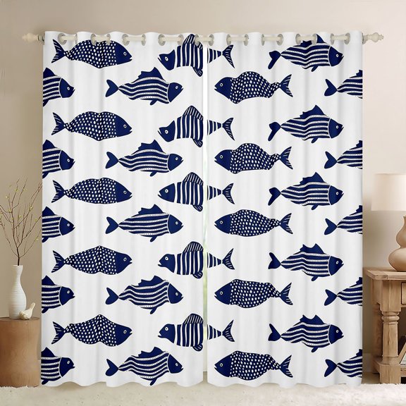 Feelyou Cute Ocean Pike Fish Black Out Curtains for Kids Boys Girls, Cartoon Line Animal Curtains Pack of 2 (42x63 Each), White Blue