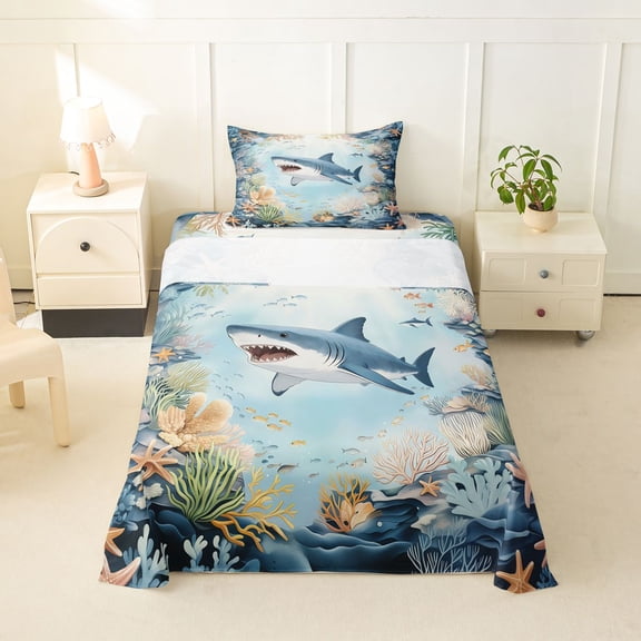 Feelyou Cute Ocean Shark Coral Twin Sheet Sets for Kids Boys Girls, Underwater Reef Animal Bedding, Blue, 3 Pieces